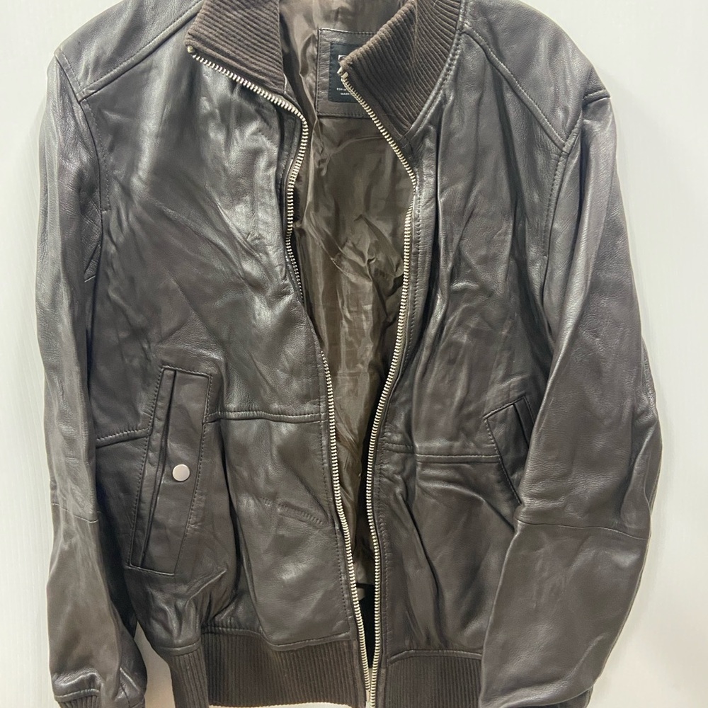 Zara Men's Dark Brown Leather Bomber Jacket